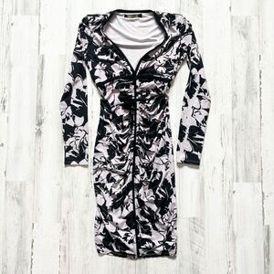 Roberto Cavalli Ruched Dress 38 Foliage Print Stretchy Lavender & White